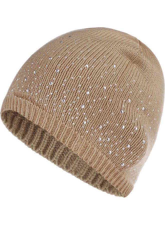 Winter Warm Knitted Crochet Wool Hat Women Skull Rhinestone Beanie Cap Slouchy Skiing Hat (khaki) 24.0x20.0x2.0cm