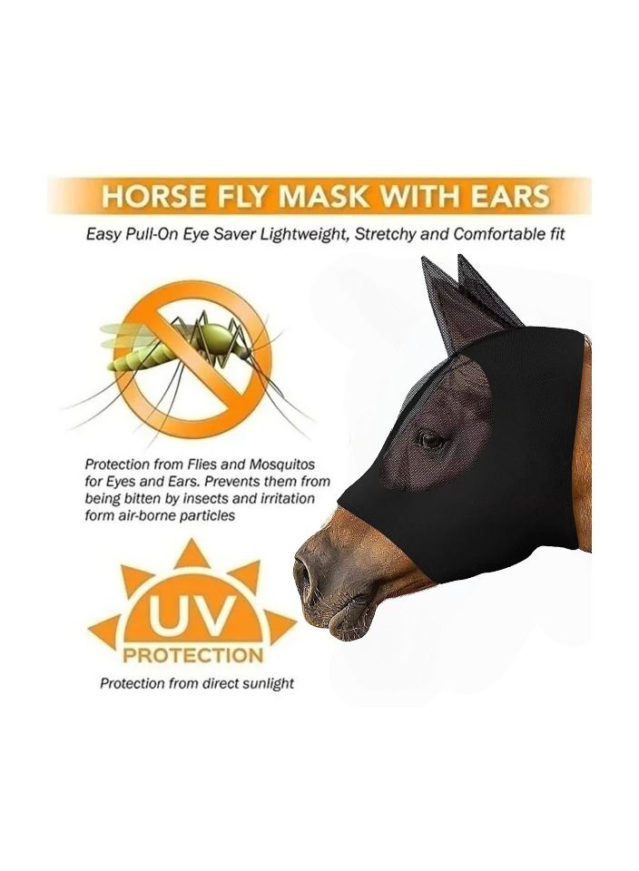 1-Piece Anti Mosquito Protect Horse Mask,Anti-Flyworms Breathable Mesh Horse Mask Riding Equestrian Equipment,Colour Black