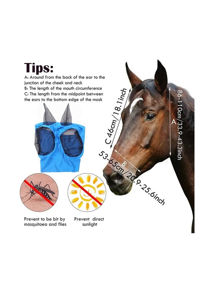 1-Piece Anti Mosquito Protect Horse Mask,Anti-Flyworms Breathable Mesh Horse Mask Riding Equestrian Equipment,Colour Blue