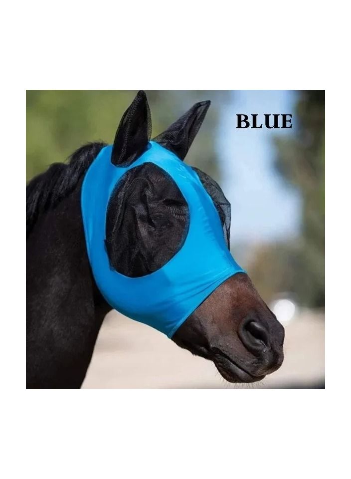 1-Piece Anti Mosquito Protect Horse Mask,Anti-Flyworms Breathable Mesh Horse Mask Riding Equestrian Equipment,Colour Blue