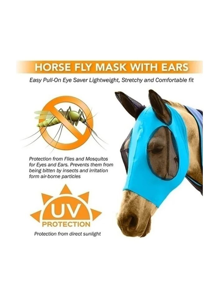 1-Piece Anti Mosquito Protect Horse Mask,Anti-Flyworms Breathable Mesh Horse Mask Riding Equestrian Equipment,Colour Blue