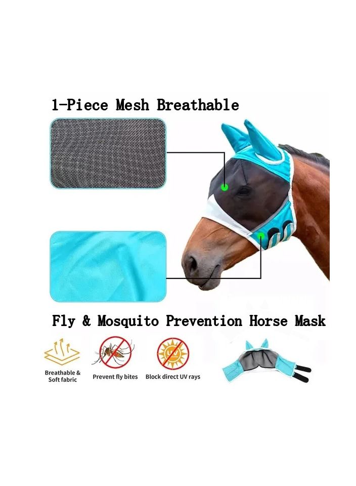 1-Piece Mesh Breathable Fly and Mosquito Prevention Horse Mask,Elastic UV Protection Mask,Size S,Colour Blue