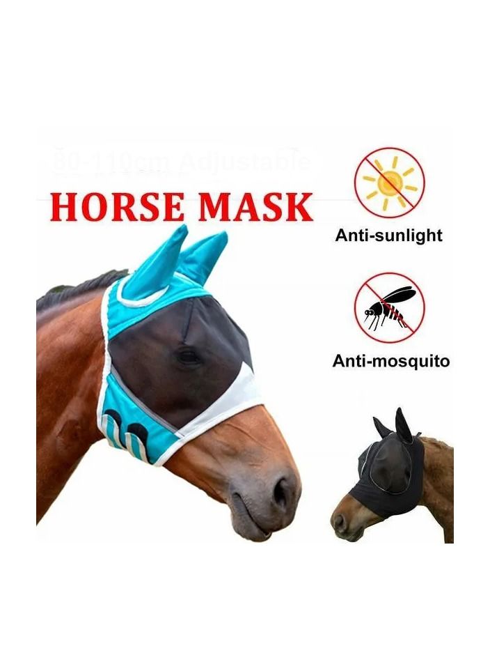 1-Piece Mesh Breathable Fly and Mosquito Prevention Horse Mask,Elastic UV Protection Mask,Size L,Colour Blue