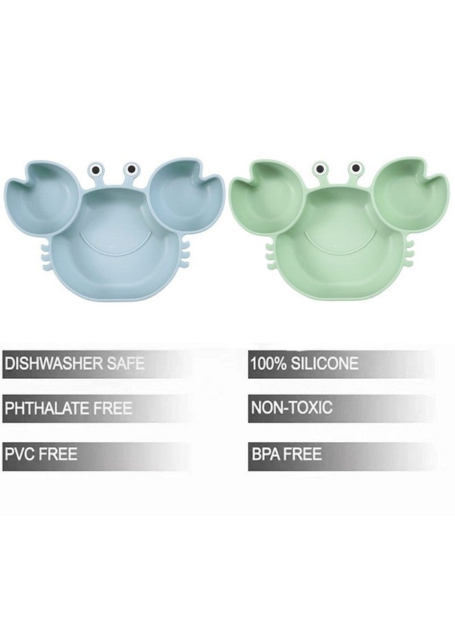 2 Pack Silicone Suction Plate For Baby Divided Unbreakable Toddler Food Plate With 2 Pack Spoons For Self Feeding Toddler Utensils Feeding Set Baby Eating Supplies Crab Shape Blue&Green