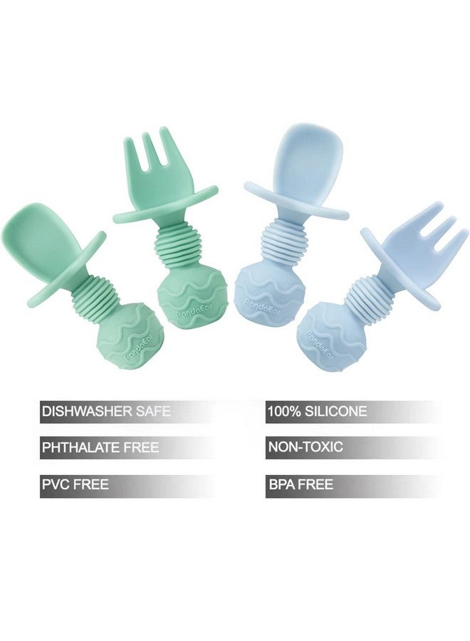 4 Pack Silicone Baby Spoons And Fork Feeding Set Antichoke First Self Feeding Utensils For Baby Led Weaning Ages 3 Months (Cyan+Blue)