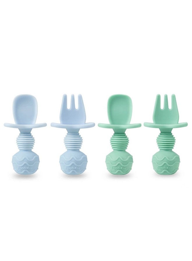 4 Pack Silicone Baby Spoons And Fork Feeding Set Antichoke First Self Feeding Utensils For Baby Led Weaning Ages 3 Months (Cyan+Blue)