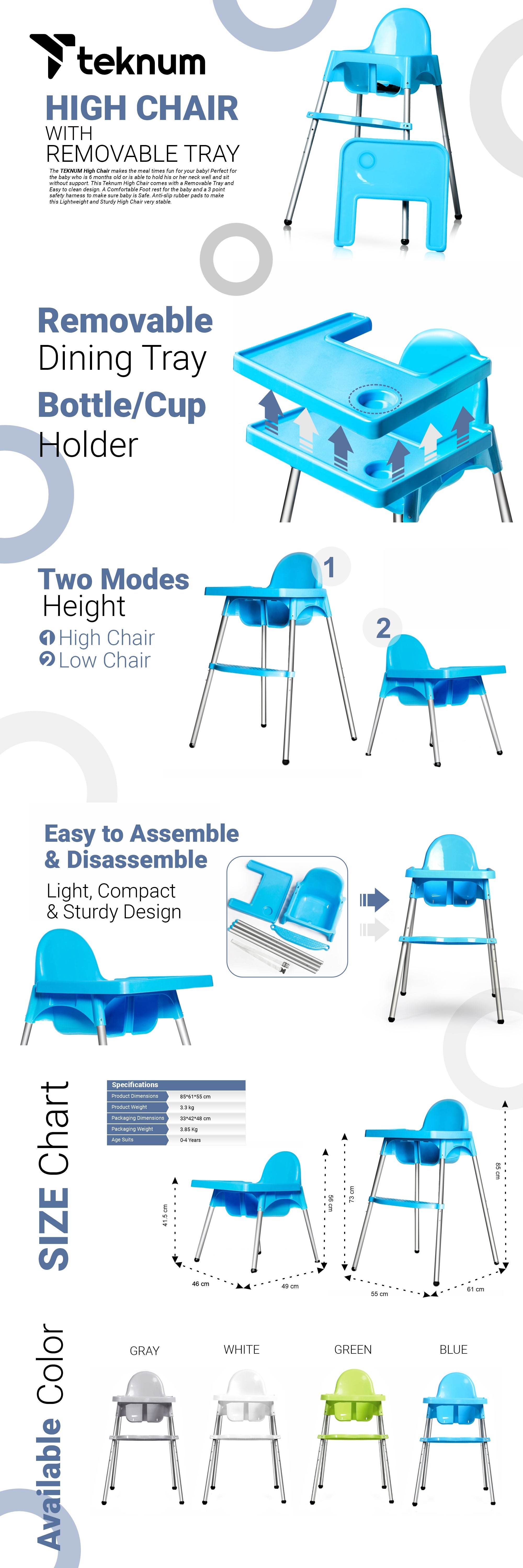 High Chair Multi Height Booster Seat With Feeding Tray H1 Blue
