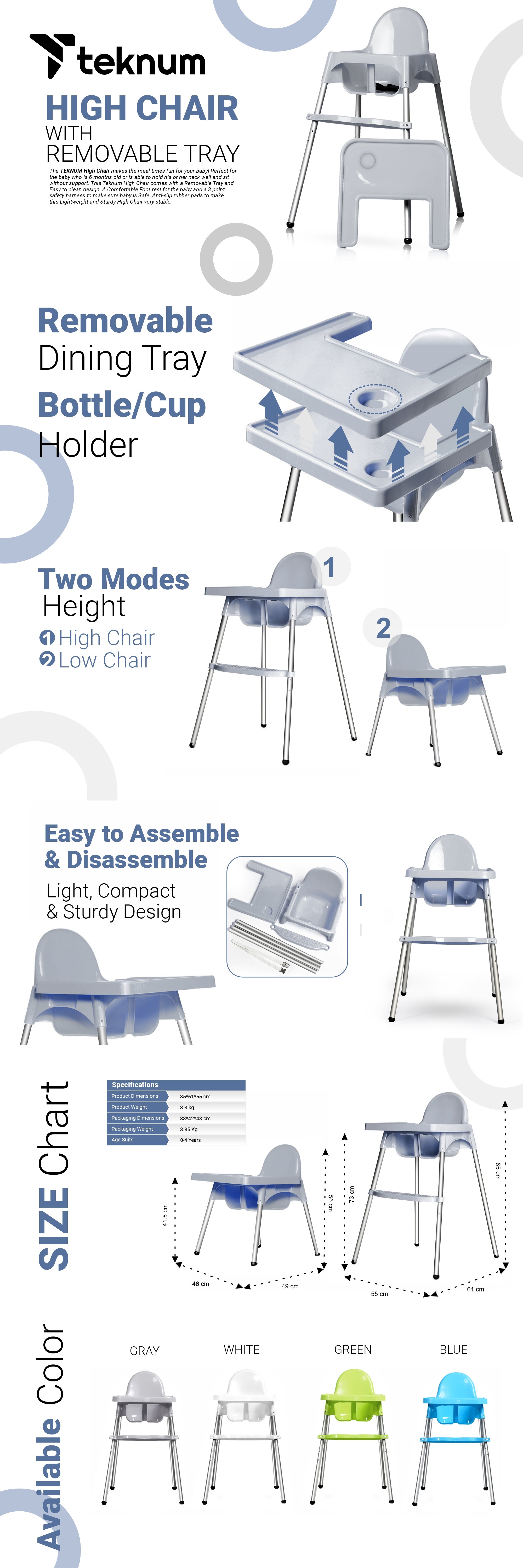High Chair With Removable Tray - Grey