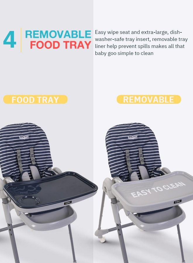 2 in 1 Baby High Chair for Kids Feeding with 7 Height Adjustable Recline Footrest Baby Chair Booster Seat with Food Tray Belt Kids High Chair for Baby 6 Months to 4 Years Boy Girl Navy Blue