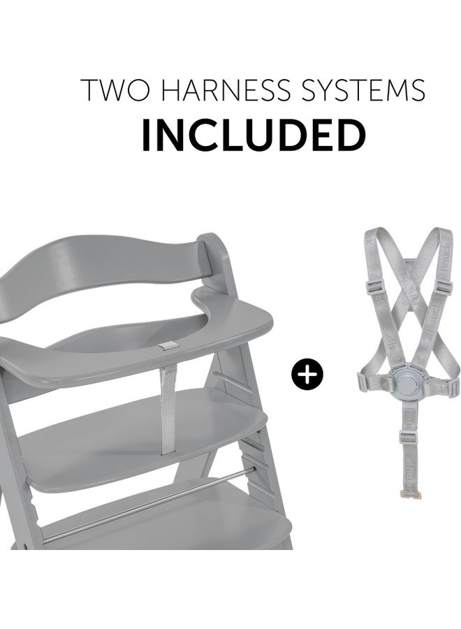 Wooden Highchair Alpha Adjustable For Children From 6 Months Up To 90 Kg 5 - Point Harness Included Usable Birth In Combination With Newborn Set (Not Included) Grey