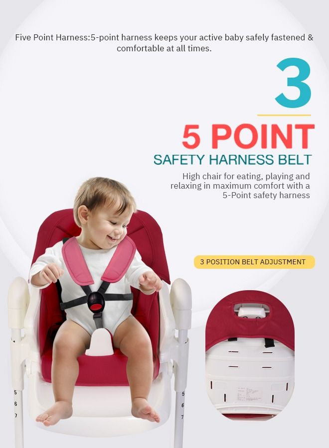 Baybee 2 in 1 Baby High Chair for Kids Feeding with 7 Height Adjustable Recline Footrest Baby Chair Booster Seat with Food Tray Belt Kids High Chair for Baby Boy Girl Red White