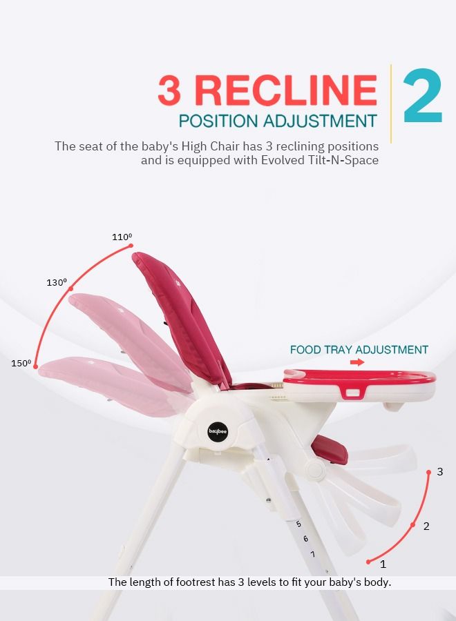 Baybee 2 in 1 Baby High Chair for Kids Feeding with 7 Height Adjustable Recline Footrest Baby Chair Booster Seat with Food Tray Belt Kids High Chair for Baby Boy Girl Red White