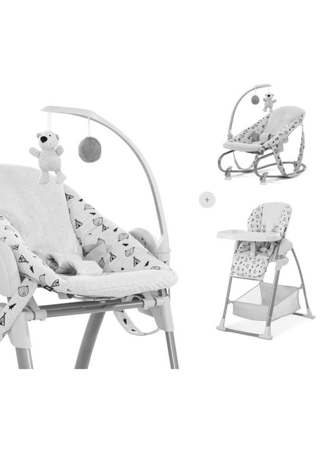 Sit N Relax 3-In-1 includes Baby Bouncer and High Chair, Compact & Foldable, with Plush Toys, Grey 0M+