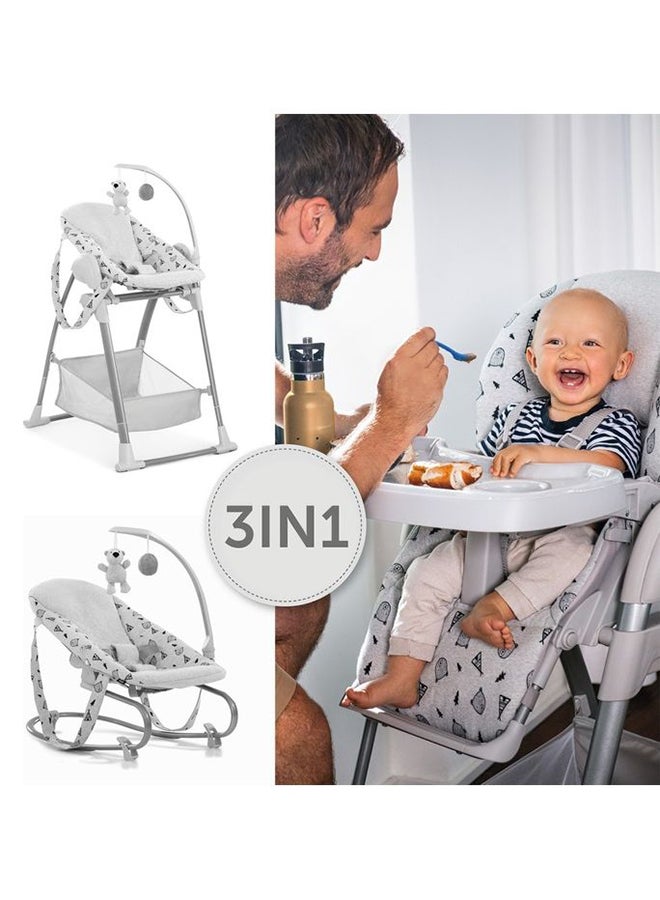 Sit N Relax 3-In-1 includes Baby Bouncer and High Chair, Compact & Foldable, with Plush Toys, Grey 0M+