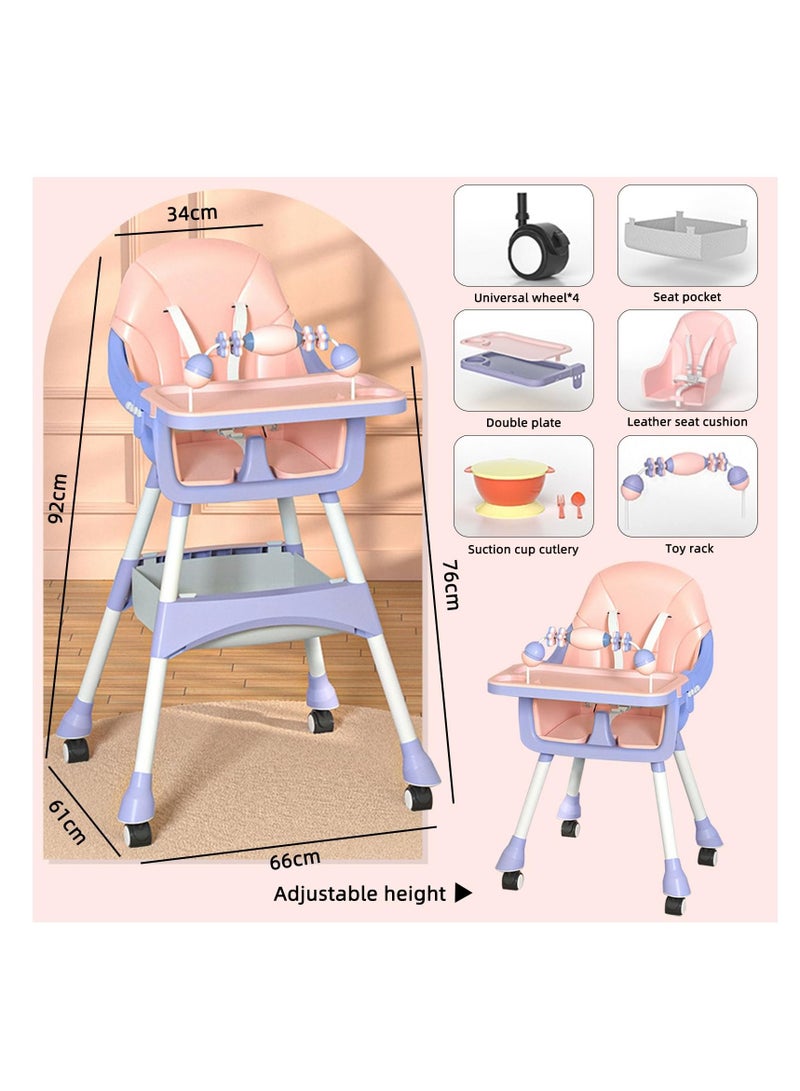 2-in-1 Baby High Low Chair Baby Feeding Chair, Infant Dining Chair Toddler Booster Seat with Tray Wheels Safety Belt Basket Cushion for 6 Months to 4 Years (Pink)