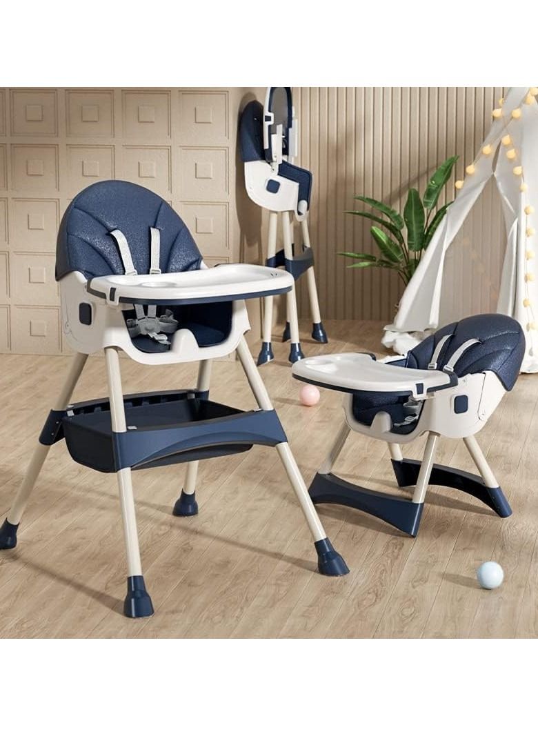 Baby High Chair, Folding Recline Feeding Seat Height Adjustable Child Feeding Chair, Multifunctional Baby Dining Chair with Removable Double Compartment Plate(Blue)