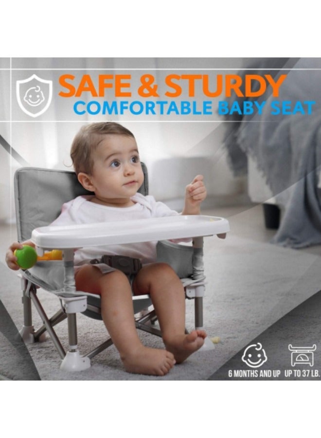 Baby Travel Booster Seat, Compact Toddler Feeding Chair with Removable Dining Tray, Portable Baby Seat Travel, Toddler Foldable Camping Chair Grey