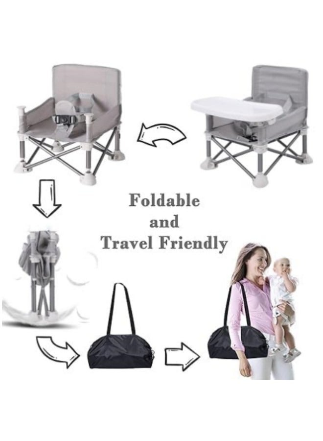 Baby Travel Booster Seat, Compact Toddler Feeding Chair with Removable Dining Tray, Portable Baby Seat Travel, Toddler Foldable Camping Chair Grey