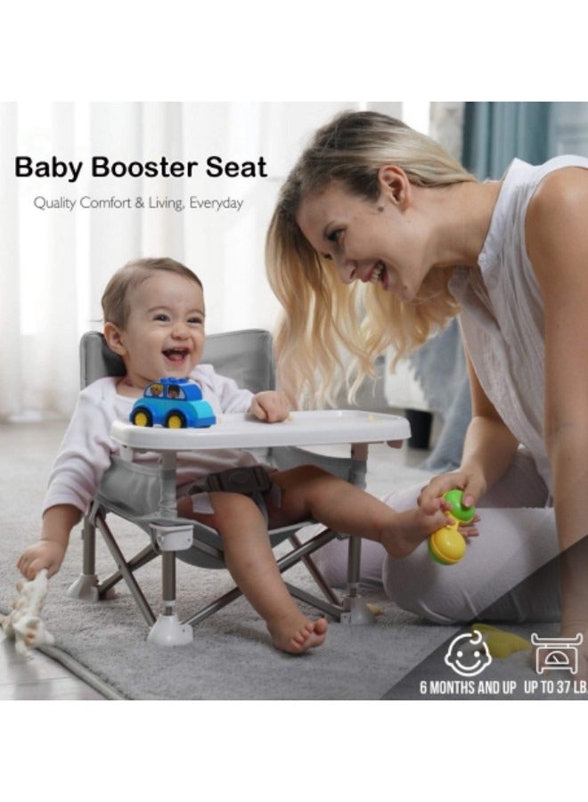 Baby Travel Booster Seat, Compact Toddler Feeding Chair with Removable Dining Tray, Portable Baby Seat Travel, Toddler Foldable Camping Chair Grey