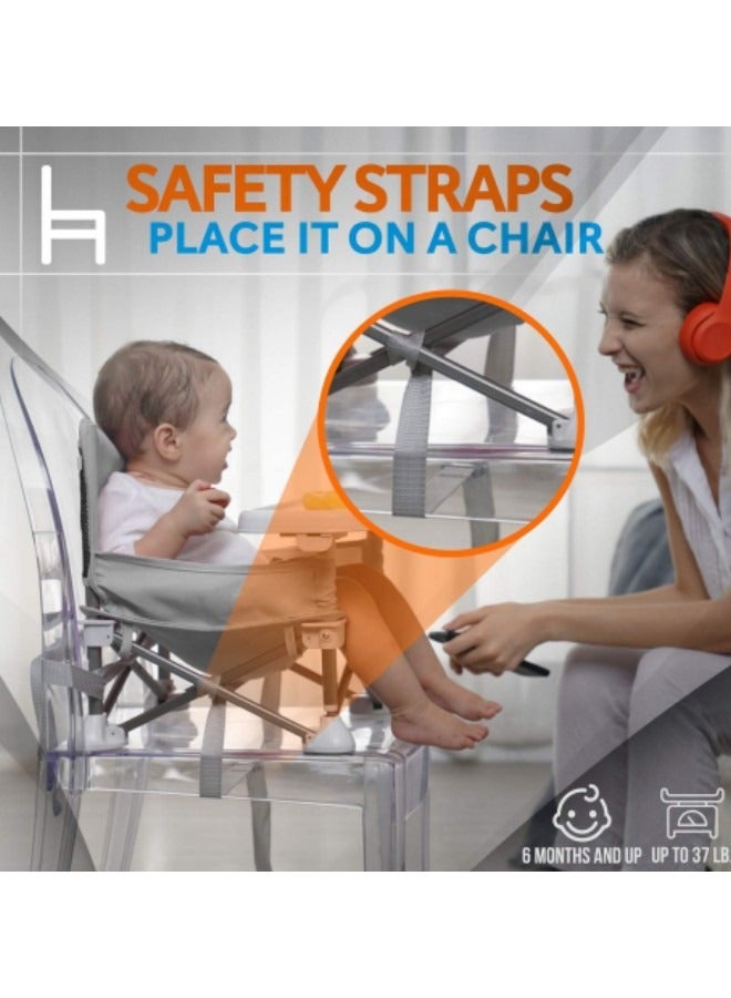 Baby Travel Booster Seat, Compact Toddler Feeding Chair with Removable Dining Tray, Portable Baby Seat Travel, Toddler Foldable Camping Chair Grey