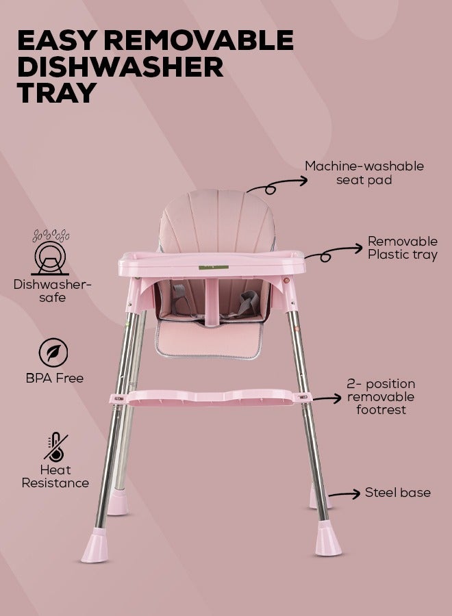 3 In 1 Invictus Baby High Chair For Kids With 2 Adjustable Height & Footrest, Baby Toddler Feeding Chair Booster Seat With Tray, Safety Belt Kids High Chair For Baby 6 Months To 4 Years Boy Girl Pink