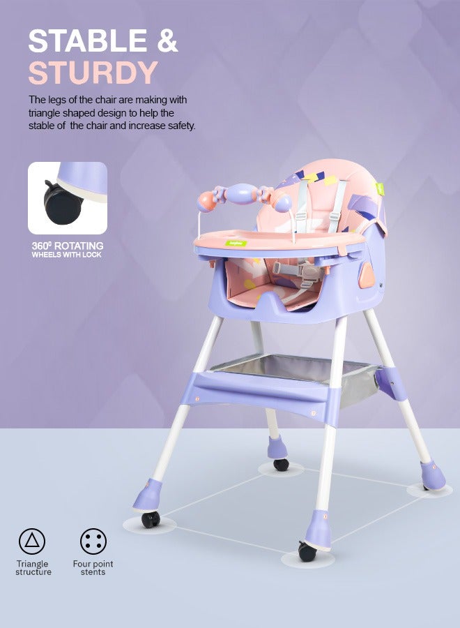 Convertible Baby High Chair for Kids with Adjustable Height and Footrest, Baby Feeding Booster Seat with Tray, Wheels, Safety Belt and Cushion For Toddler 6 Months to 4 Years Pink