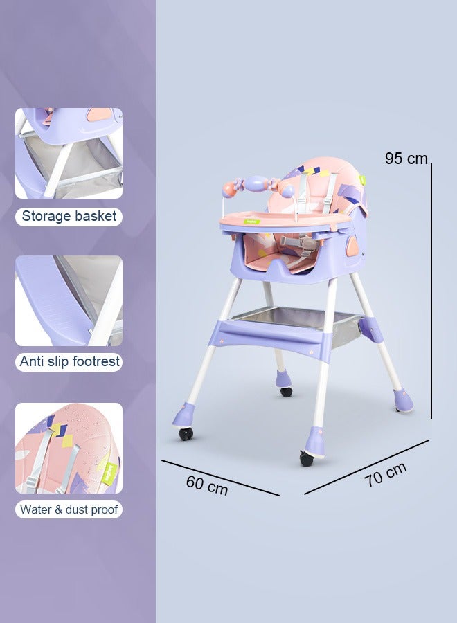 Convertible Baby High Chair for Kids with Adjustable Height and Footrest, Baby Feeding Booster Seat with Tray, Wheels, Safety Belt and Cushion For Toddler 6 Months to 4 Years Pink