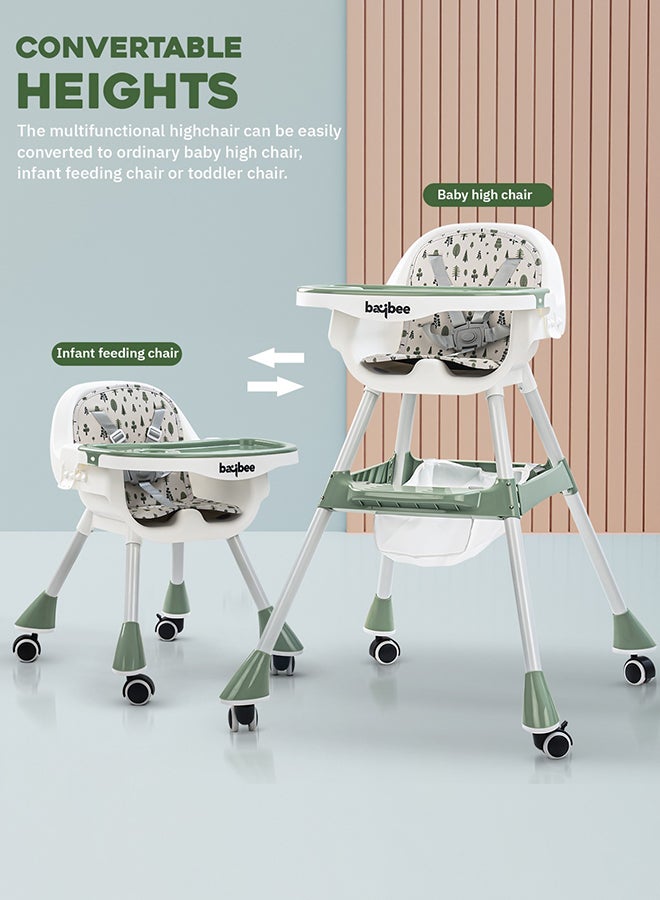 2 In 1 Baby Adjustable High Chair With Storage, Tray And  Wheels For 6 Months to 3 Years, Green