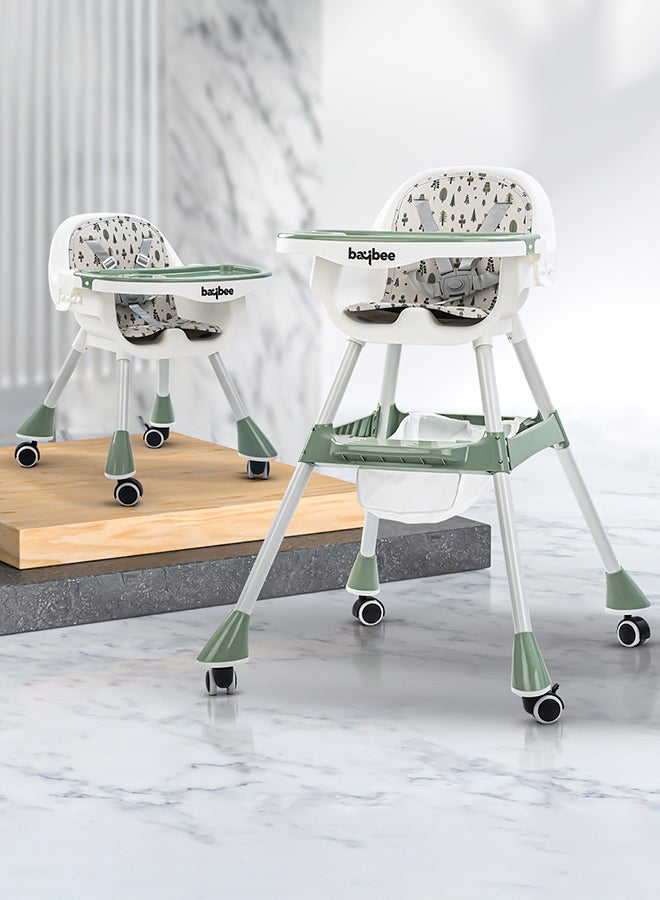 2 In 1 Baby Adjustable High Chair With Storage, Tray And  Wheels For 6 Months to 3 Years, Green