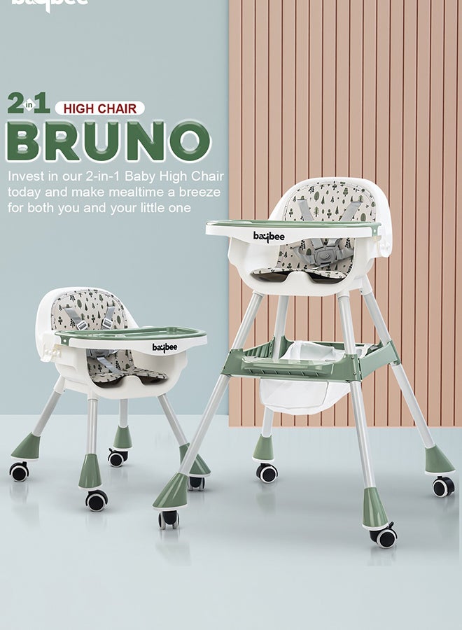 2 In 1 Baby Adjustable High Chair With Storage, Tray And  Wheels For 6 Months to 3 Years, Green