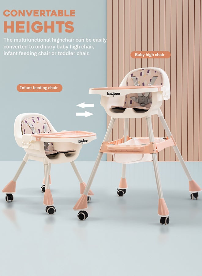 2 In 1 Baby Adjustable High Chair With Storage, Tray And  Wheels For 6 Months to 3 Years, Pink