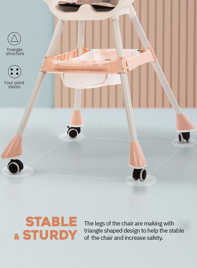 2 In 1 Baby Adjustable High Chair With Storage, Tray And  Wheels For 6 Months to 3 Years, Pink