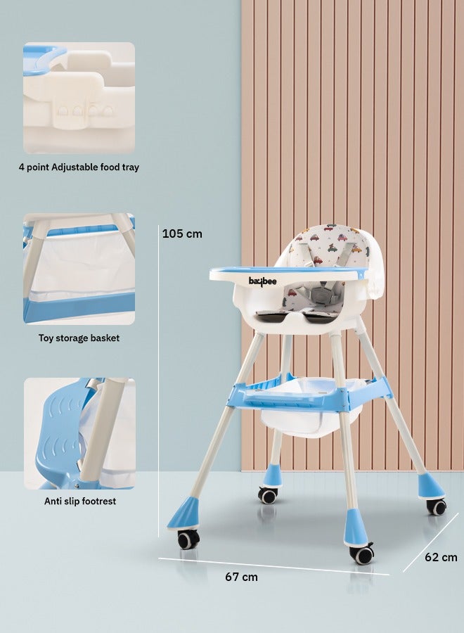 2 In 1 Baby Adjustable High Chair With Storage, Tray And  Wheels For 6 Months to 3 Years, Blue