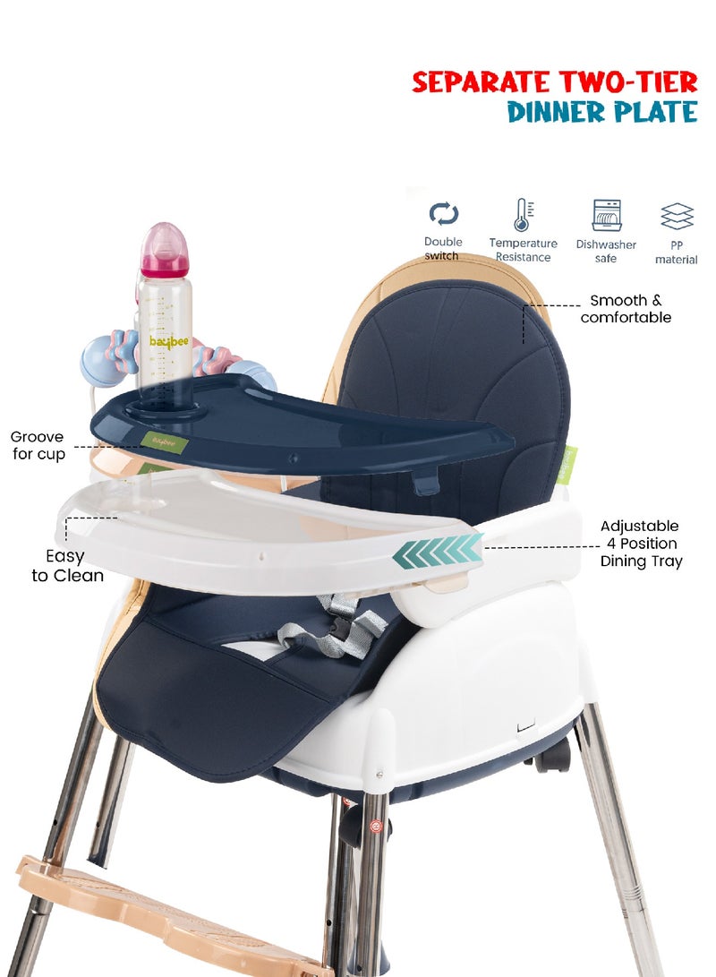 4 In 1 Nora Convertible High Chair For Kids With Adjustable Height, Footrest, Tray And Safety Belt, 6 Months To 4 Years, Dark Blue