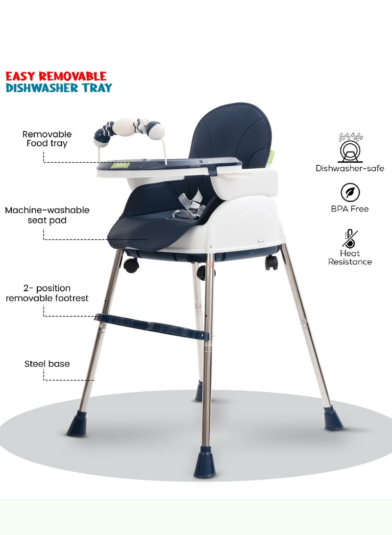 4 In 1 Nora Convertible High Chair For Kids With Adjustable Height, Footrest, Tray And Safety Belt, 6 Months To 4 Years, Dark Blue