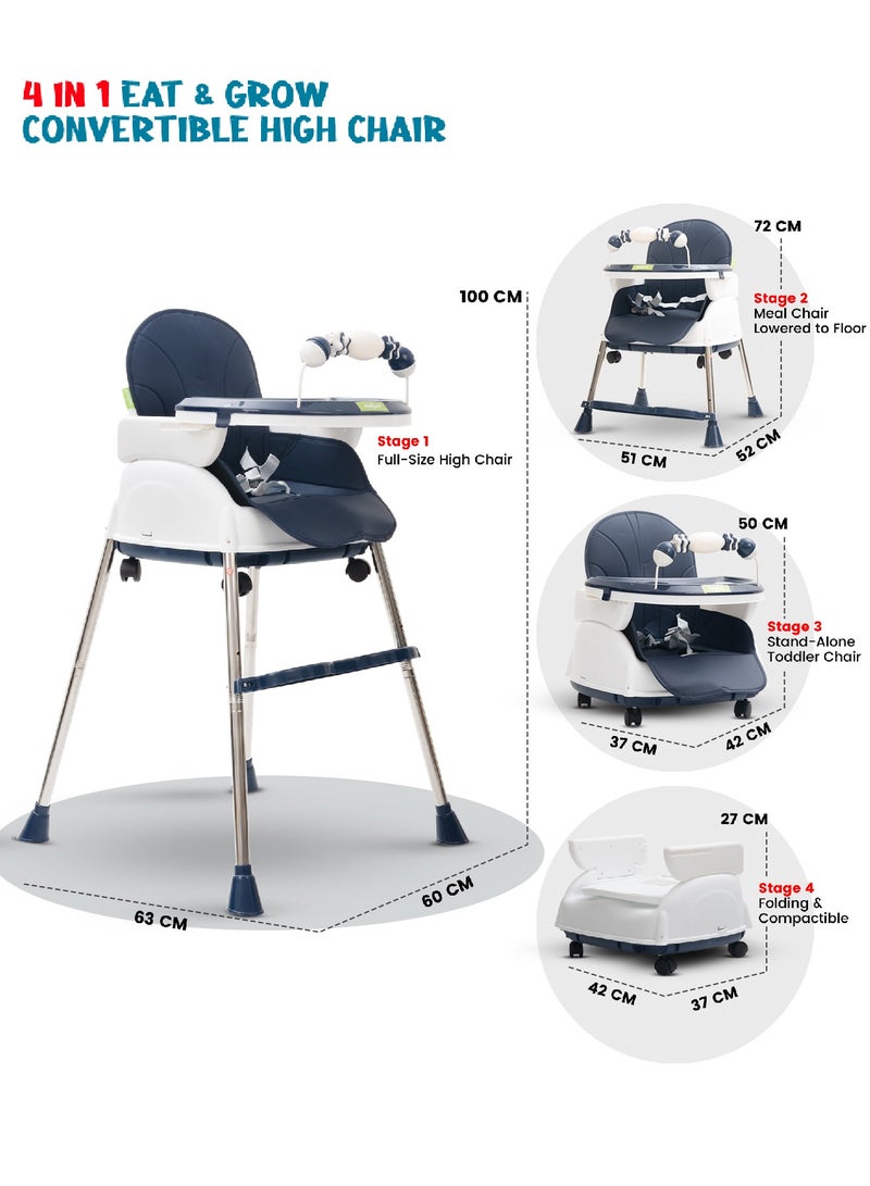 4 In 1 Nora Convertible High Chair For Kids With Adjustable Height, Footrest, Tray And Safety Belt, 6 Months To 4 Years, Dark Blue