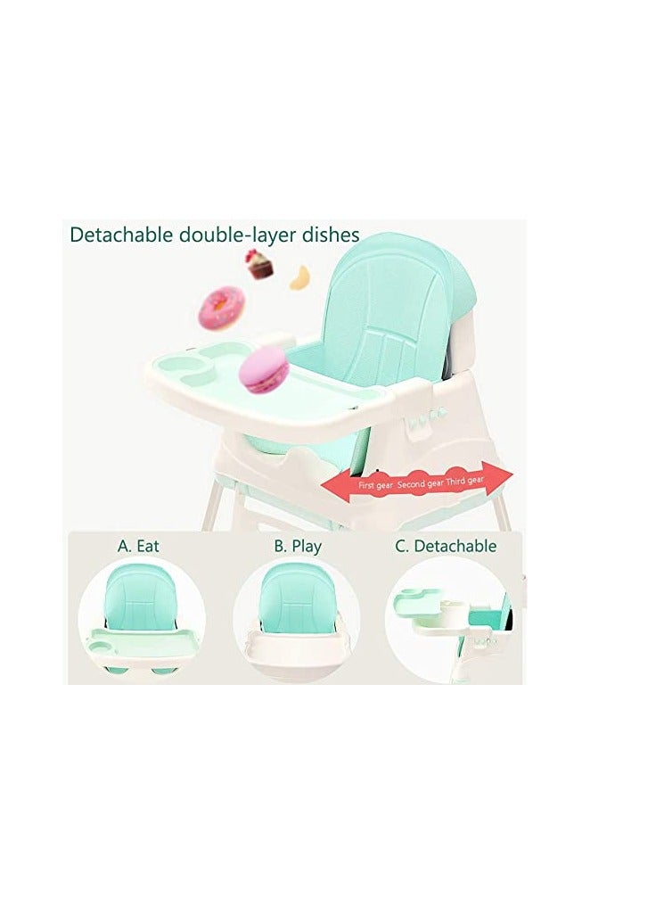 Foldable Highchair with Adjustable Backrest, Double Removable Tray, Detachable PU Leather Cushion, 5-Point Harness Convertible High Chair for Babies and Toddlers