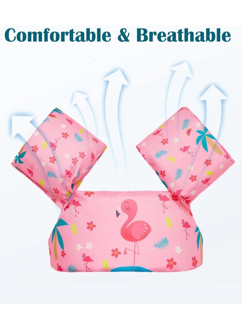 Kids Swim Vest Toddler Floaties for 30-55lbs/2-6 Year Old Girls and Boys Swimming Arm Band Pool Float Jacket with Water Wings and Shoulder Strap for Children Learn to Swim Aid (Pink Flamingo)