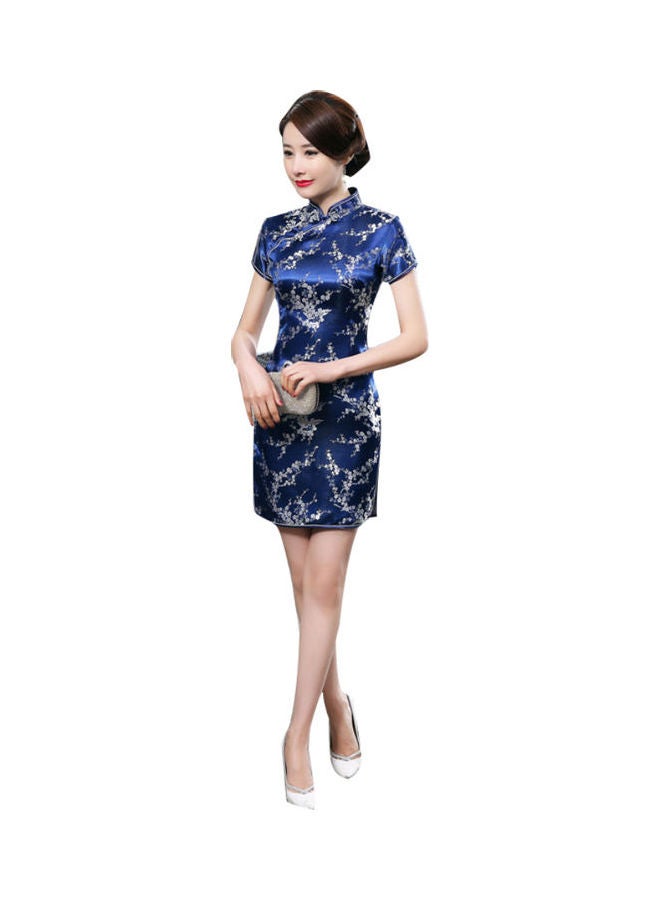 Floral Embroidered Mini Dress Navy Blue