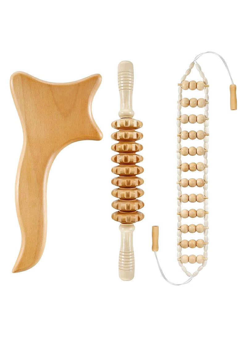 3 pcs Wood Therapy Massage Tools Maderoterapia Kit Wood Massage Roller Rope Tools Kit Body Sculpting Tools for Relax Muscles