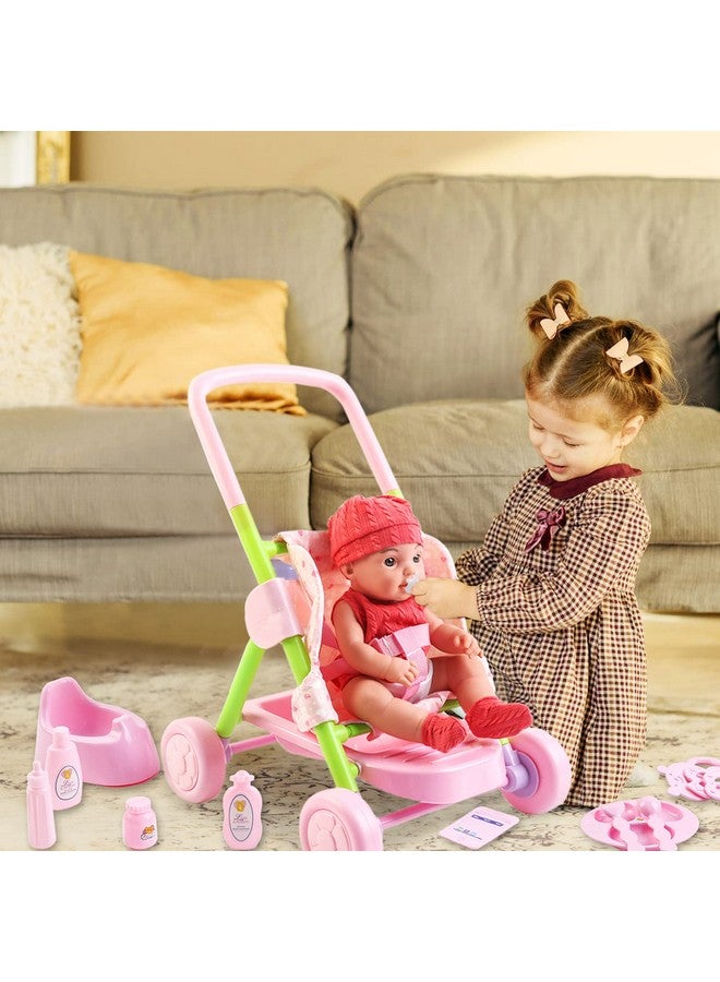 Baby Doll Stroller Set12 Inch Doll Playset With Smooth Rolling 11Pcs Baby Doll Accessoriesgreat Baby Doll Pretend Toy For 3 4 5 Girls
