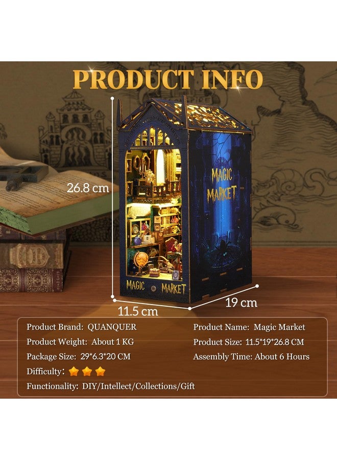 Diy Book Nook Kit 3D Wooden Miniature Puzzles With Led Light Dollhouse Model Craft Kits For Adults Ideal Bookshelf Insert Decor Birthday Gifts For Boys Girls (Magic Bazaar)