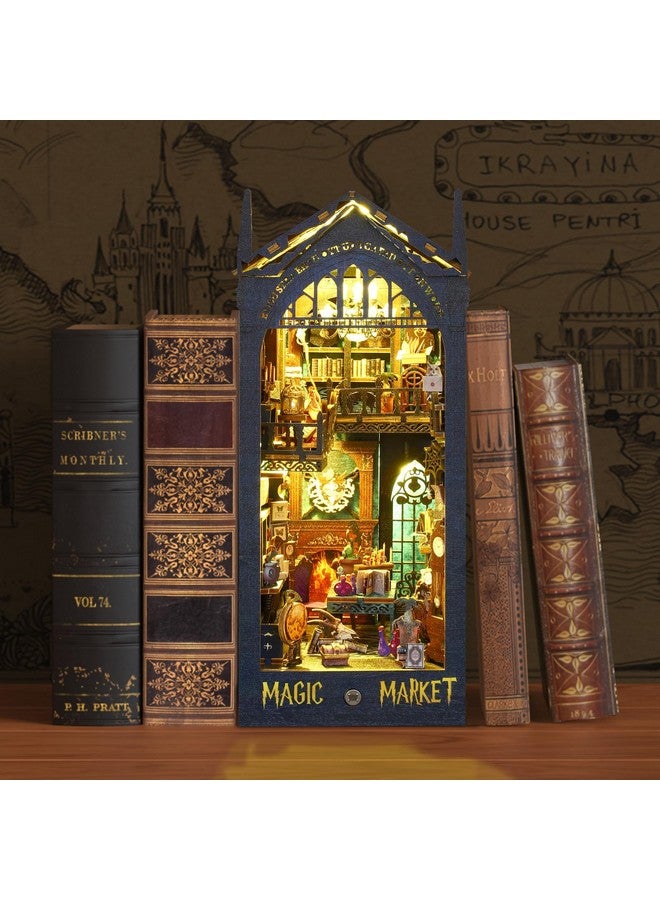 Diy Book Nook Kit 3D Wooden Miniature Puzzles With Led Light Dollhouse Model Craft Kits For Adults Ideal Bookshelf Insert Decor Birthday Gifts For Boys Girls (Magic Bazaar)