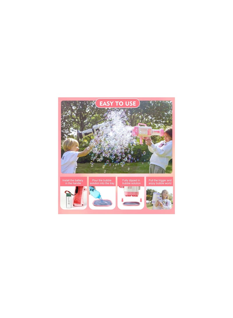 Bubble Gun Bubble Maker Machine with 32 Holes for Boys and Girls Summer Kids Toy for Age 3 4 5 6 7 8 Years Old Widely Use for Party Wedding or Games Pink