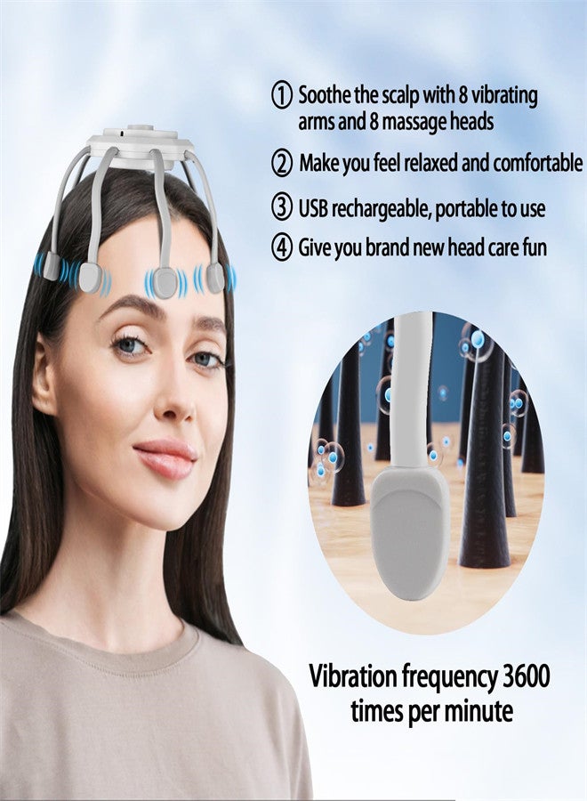 Hair Scalp Massager with 8 Vibrating Contacts, Rechargeable Portable Head Massager for Pain and Anxiety Relief, Stress Relax, Tension, Relaxation, Deep Sleep, Multidimensional relaxation