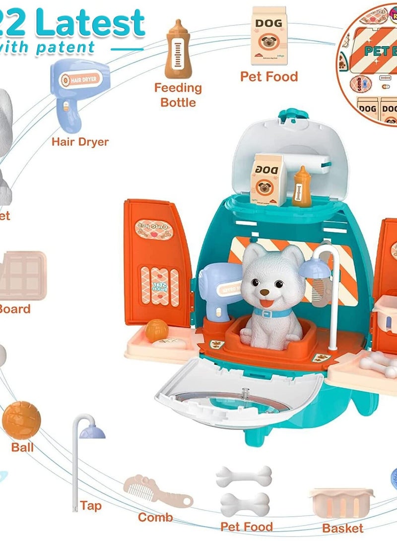 18-Piece Pet Vet Play Set for Kids 3-8, Role Play Dog Grooming Toys with Dog Backpack, Puppy Carrier, and Feeding Accessories