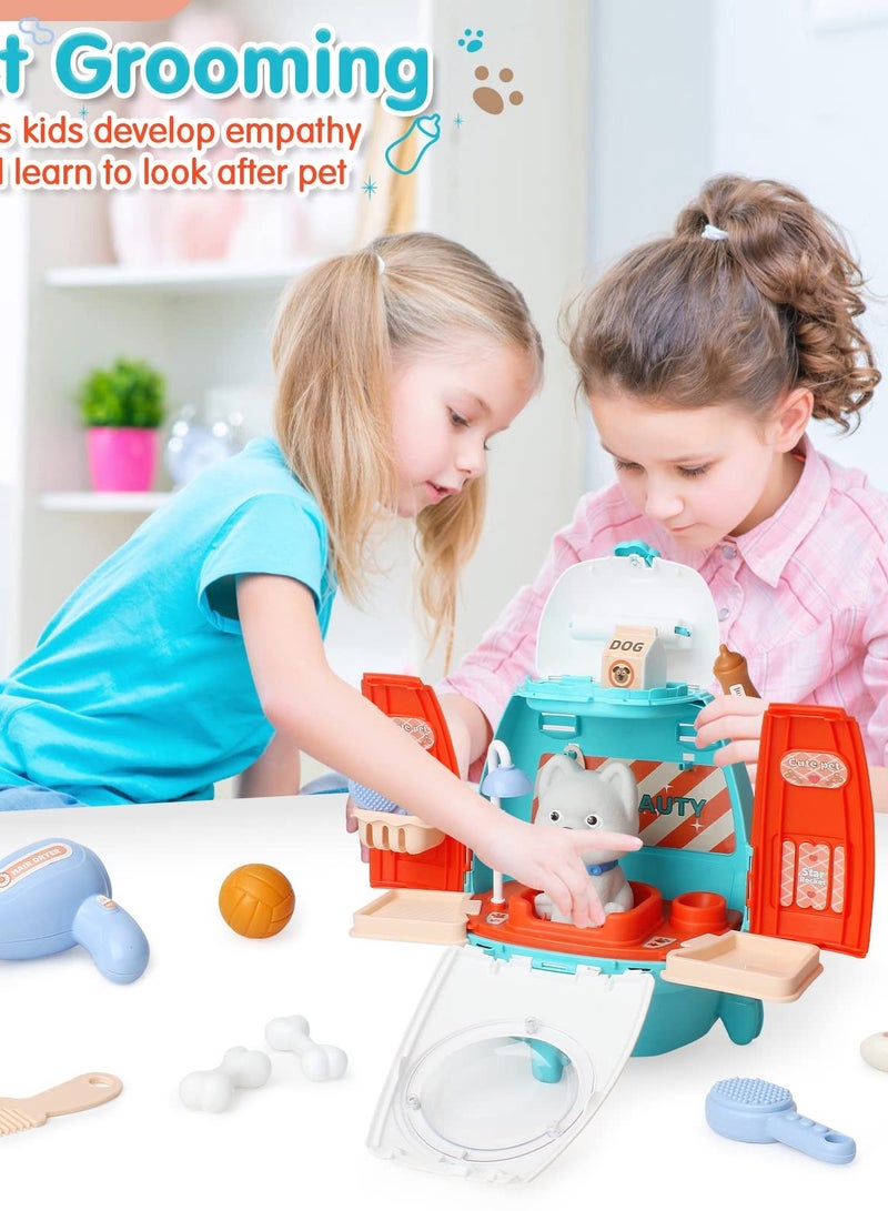 18-Piece Pet Vet Play Set for Kids 3-8, Role Play Dog Grooming Toys with Dog Backpack, Puppy Carrier, and Feeding Accessories