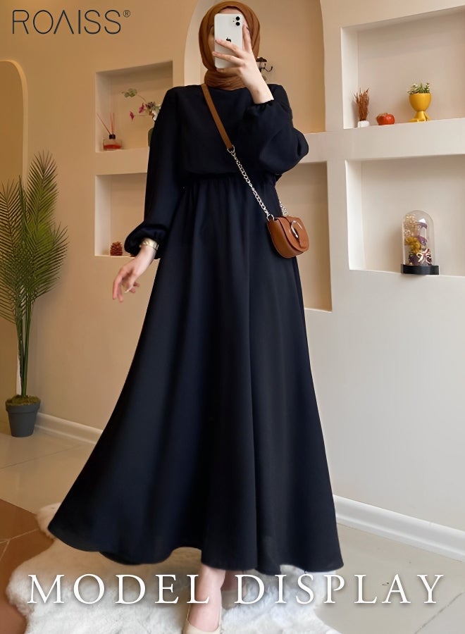 Women's Casual Chiffon Long Sleeved Dress Elastic Waist Design High Waist Banquet Dress Daily Solid Color Large Hem A-Line Dress