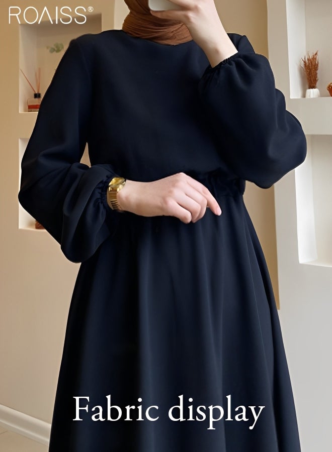 Women's Casual Chiffon Long Sleeved Dress Elastic Waist Design High Waist Banquet Dress Daily Solid Color Large Hem A-Line Dress