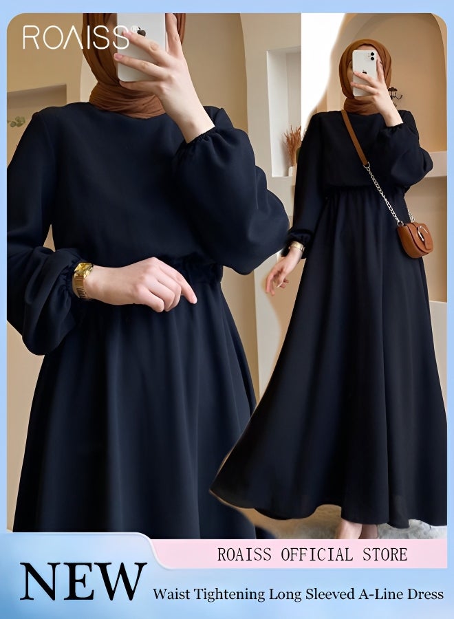 Women's Casual Chiffon Long Sleeved Dress Elastic Waist Design High Waist Banquet Dress Daily Solid Color Large Hem A-Line Dress